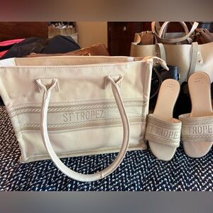 St Tropez Beige Tote and Slide Sandals Set (size 7)